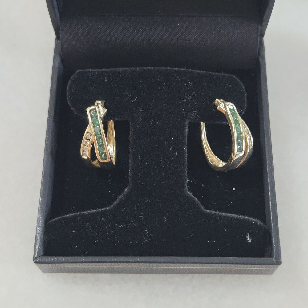 Estate 14K Yellow Gold Emerald Huggie Earrings - Picture 2 of 12